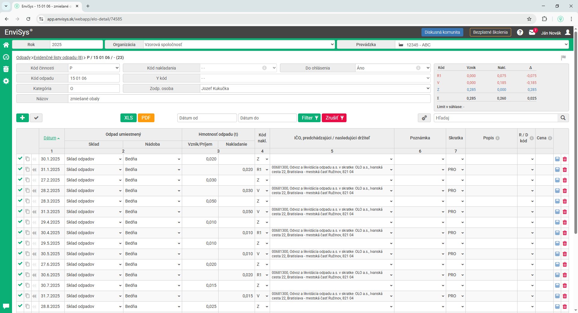 Detail evidenčného listu odpadu ELO