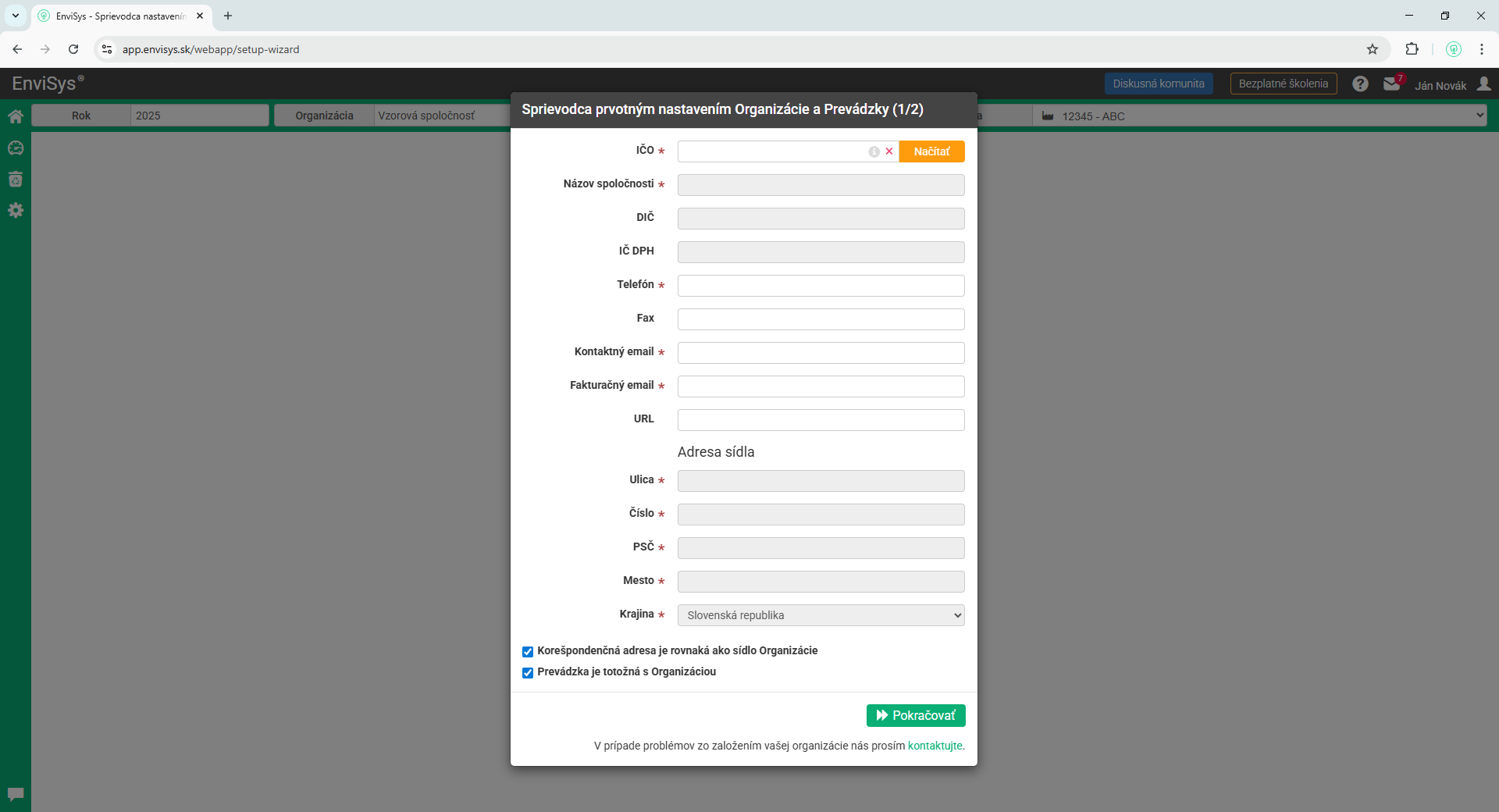 Prvotné nastavenie aplikácie EnviSys po registrácii a prihlásení